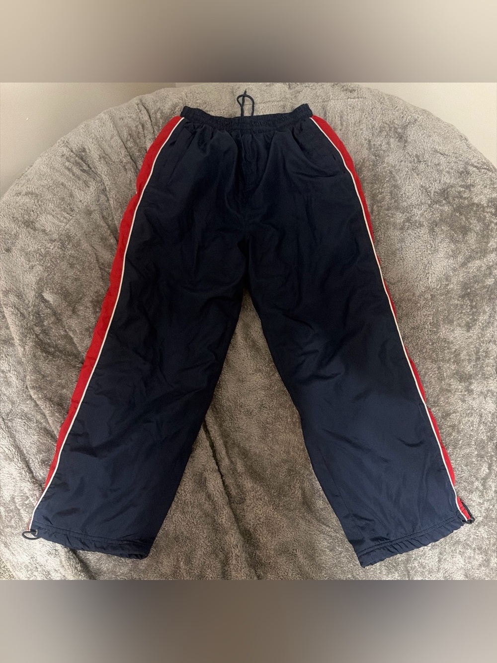Start Up Navy Track Pants with Red Side Stripe and lined with fleece
Inseam 25